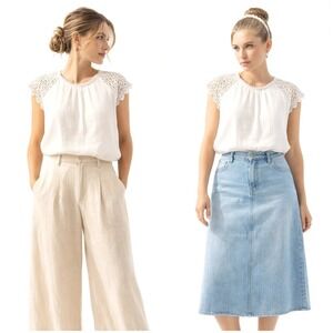 Alessia Pacini Made in Italy White Linen Lace Trim Blouse - Women's Size L